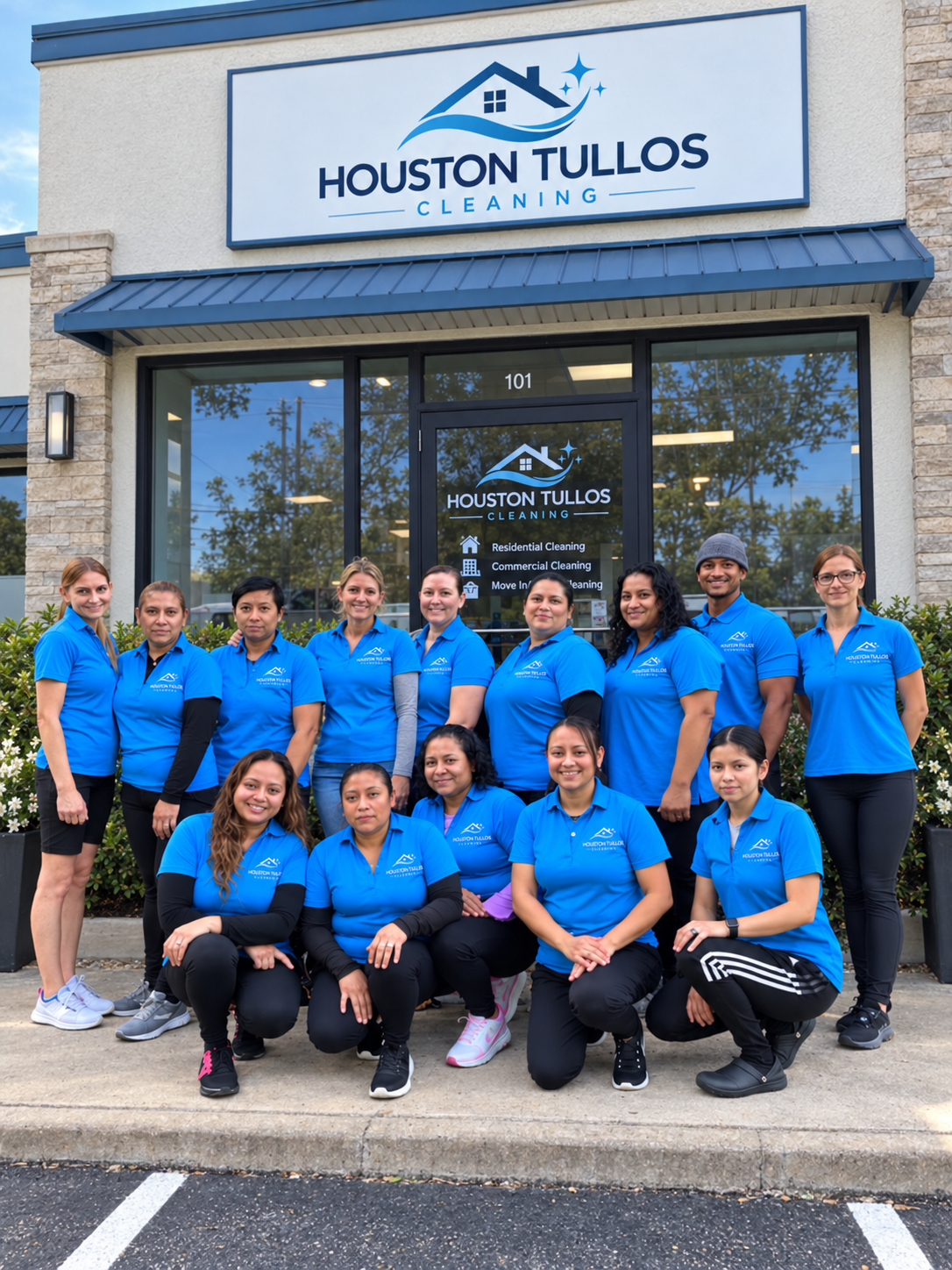 The Houston Tullos Cleaning crew standing outside our shop